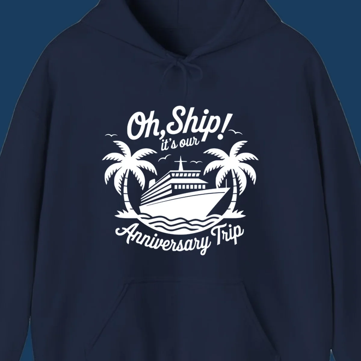 Cruise ship with palm trees and anniversary text. Anniversary-cruise-ship.