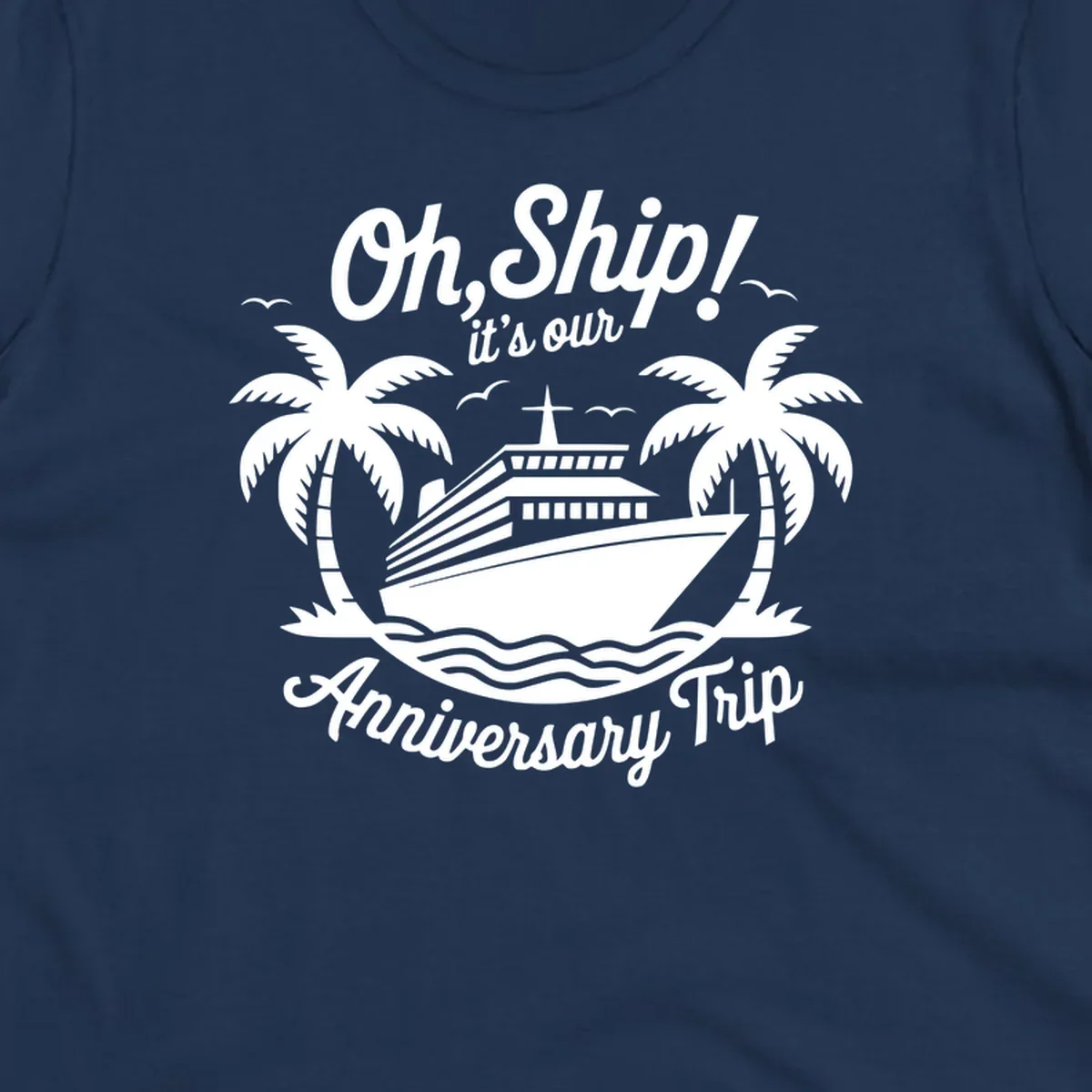 Cruise ship with palm trees and anniversary text. Anniversary-cruise-ship.