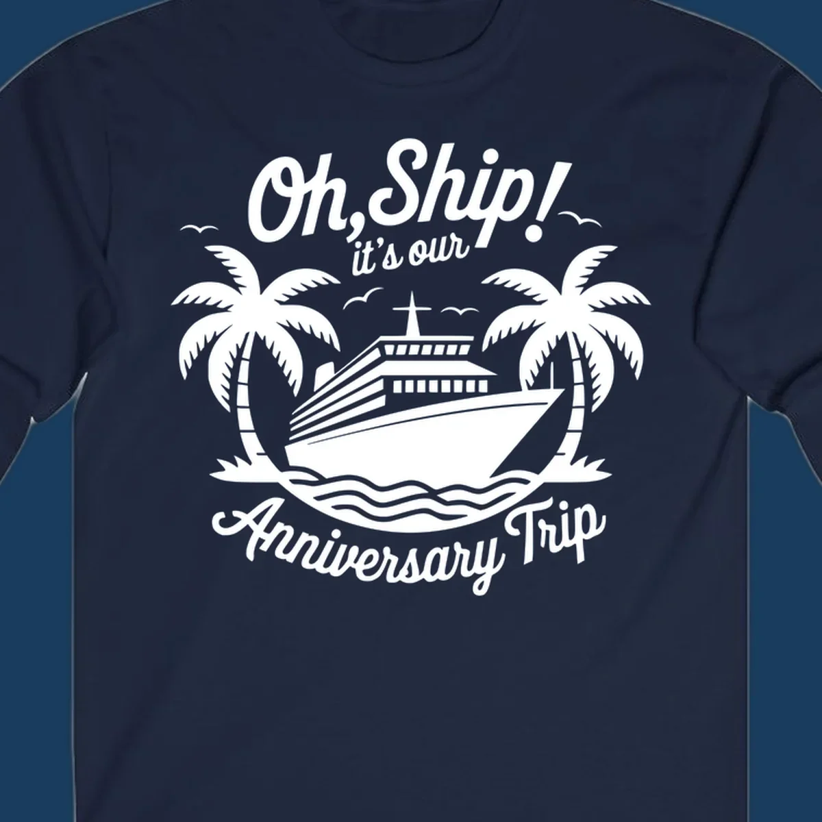 Cruise ship with palm trees and anniversary text. Anniversary-cruise-ship.