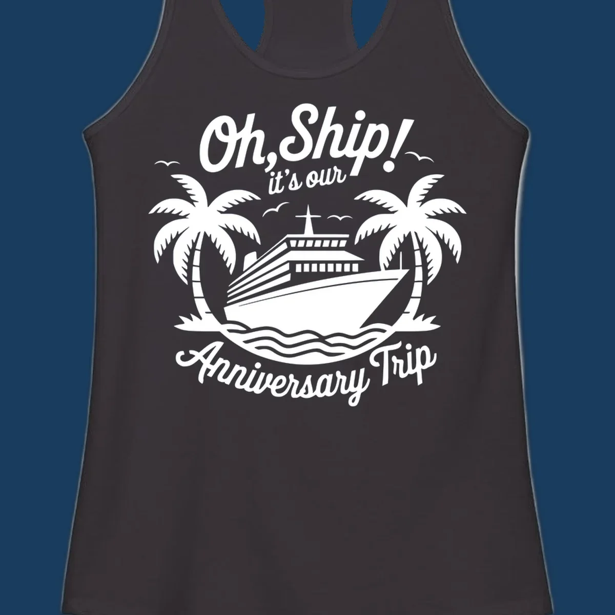 Cruise ship with palm trees and anniversary text. Anniversary-cruise-ship.