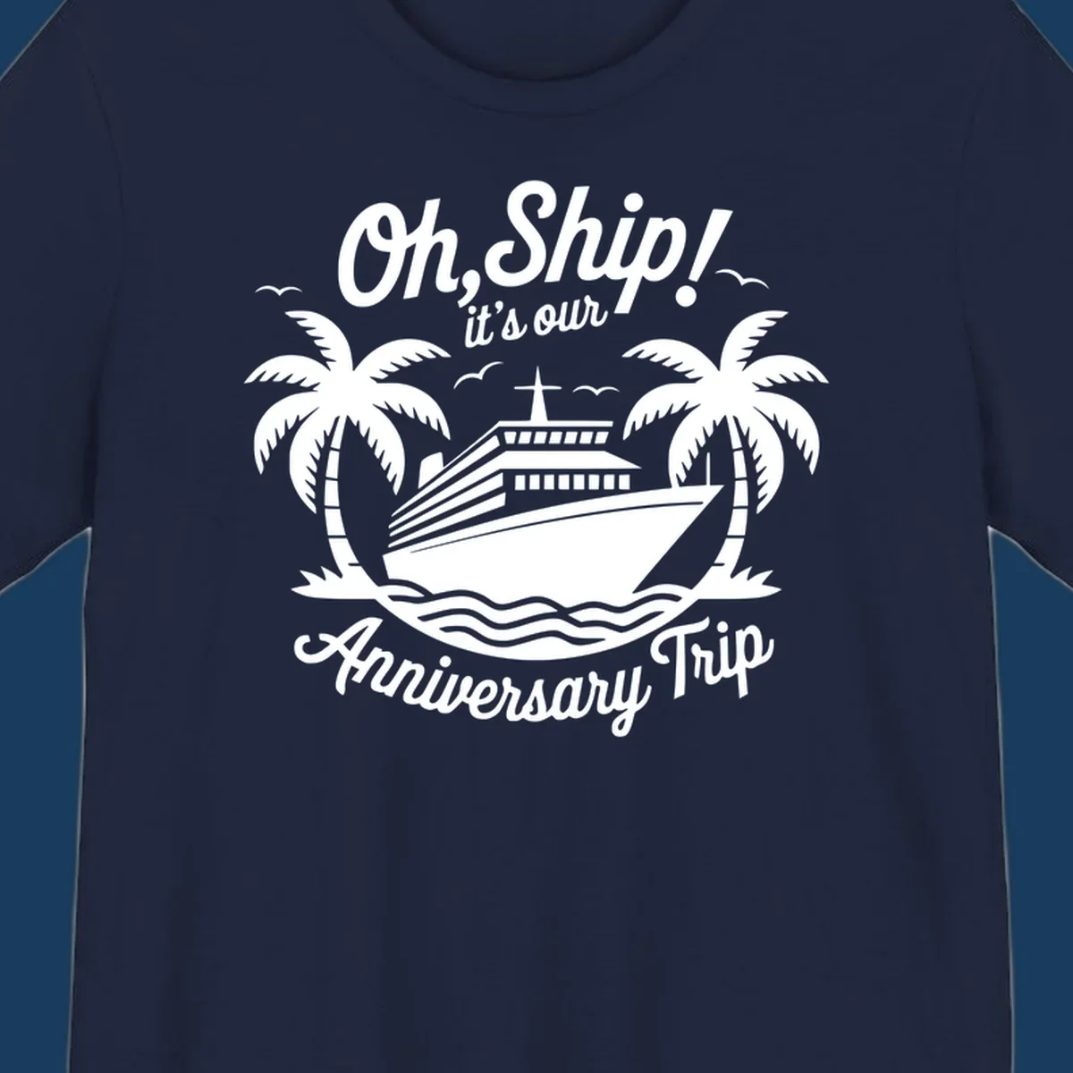 Cruise ship with palm trees and anniversary text. Anniversary-cruise-ship.