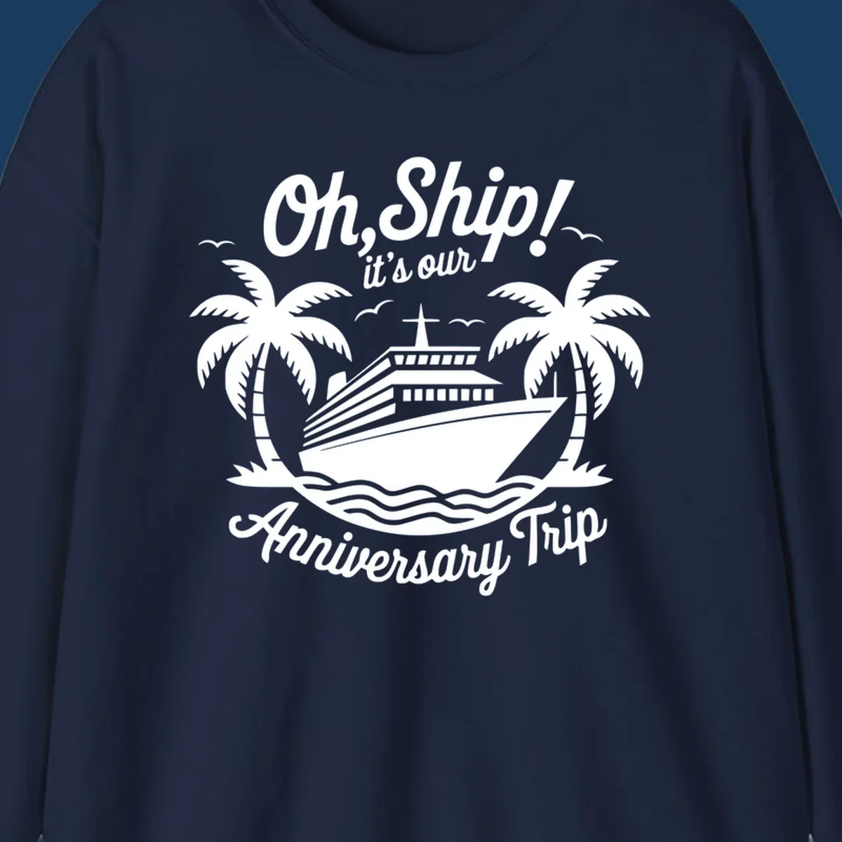 Cruise ship with palm trees and anniversary text. Anniversary-cruise-ship.