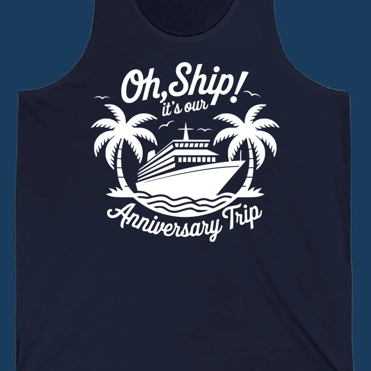 Cruise ship with palm trees and anniversary text. Anniversary-cruise-ship.