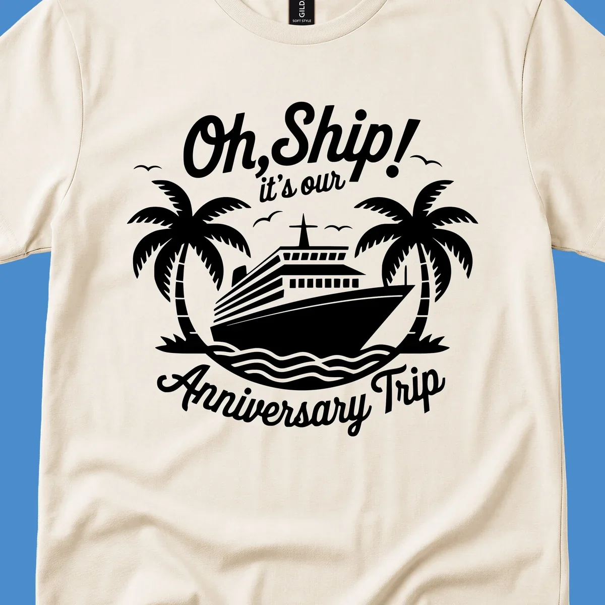 Cruise ship with palm trees and anniversary text. Anniversary-cruise-ship.