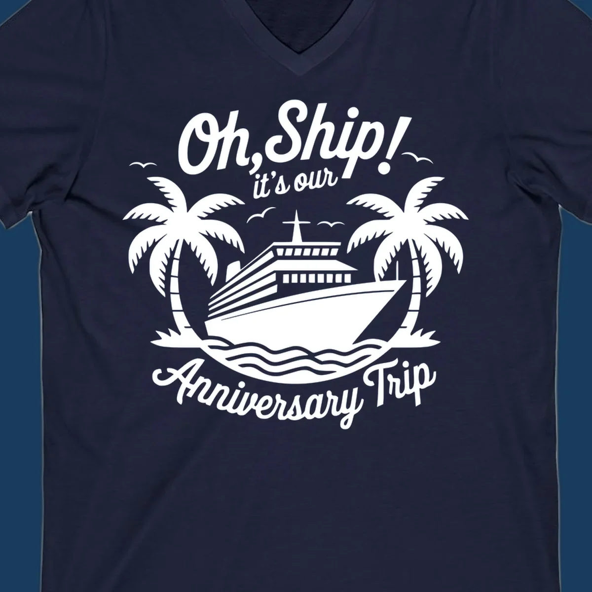 Cruise ship with palm trees and anniversary text. Anniversary-cruise-ship.