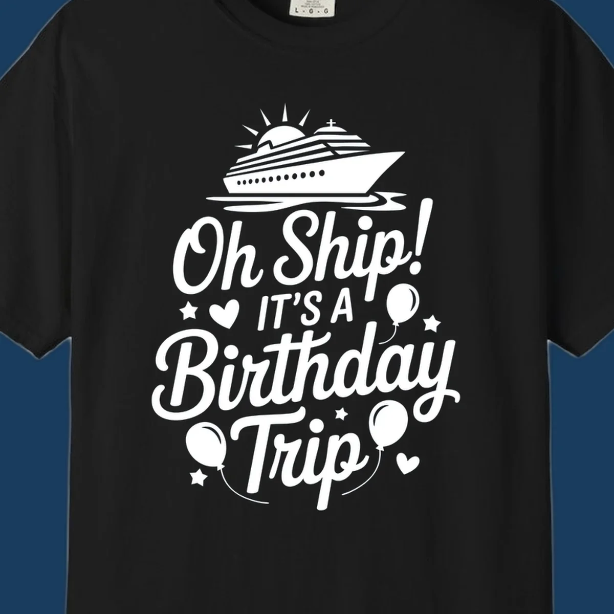 Birthday cruise trip text with ship and decorations.