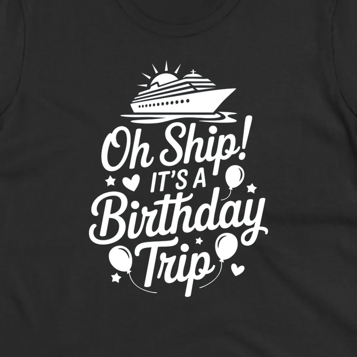 Birthday cruise trip text with ship and decorations.