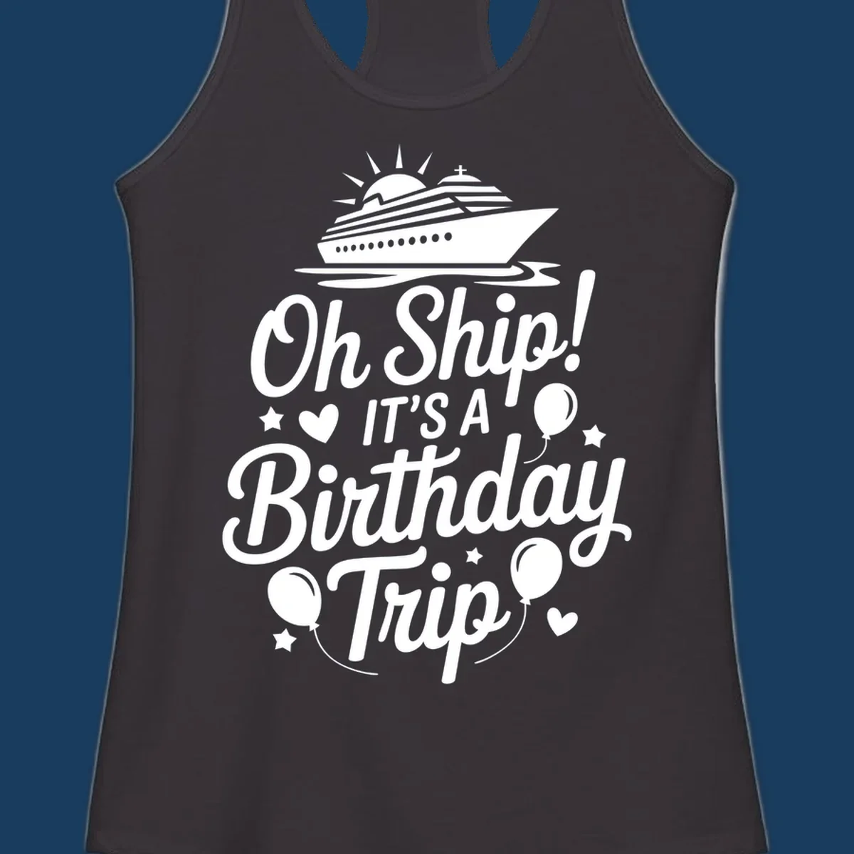 Birthday cruise trip text with ship and decorations.