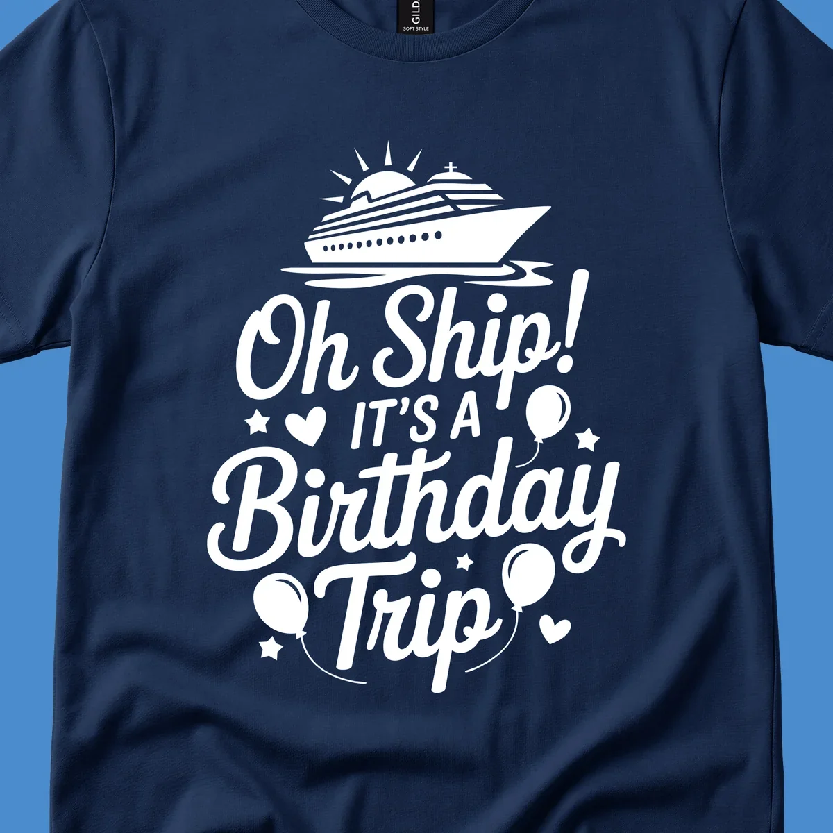 Birthday cruise trip text with ship and decorations.