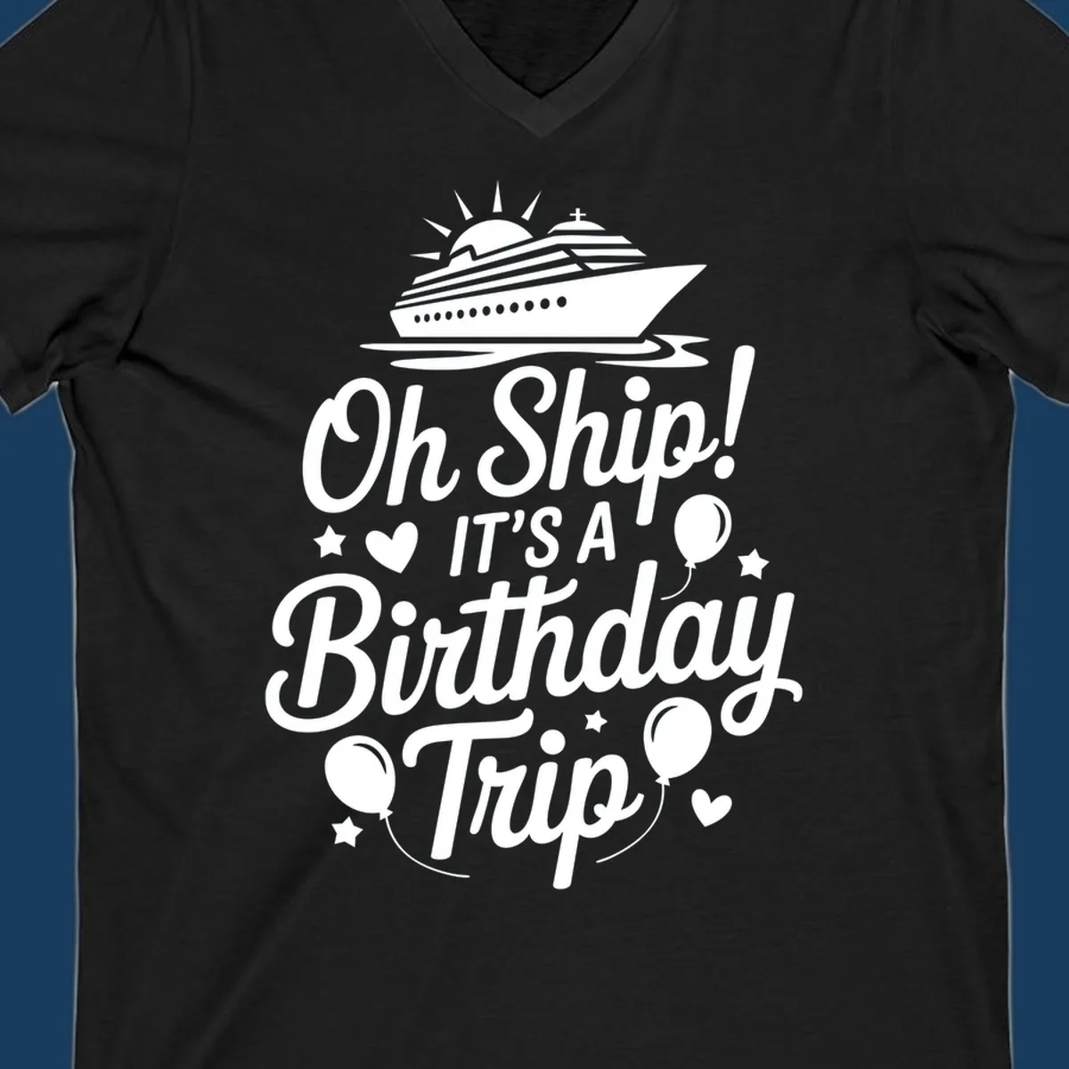 Birthday cruise trip text with ship and decorations.