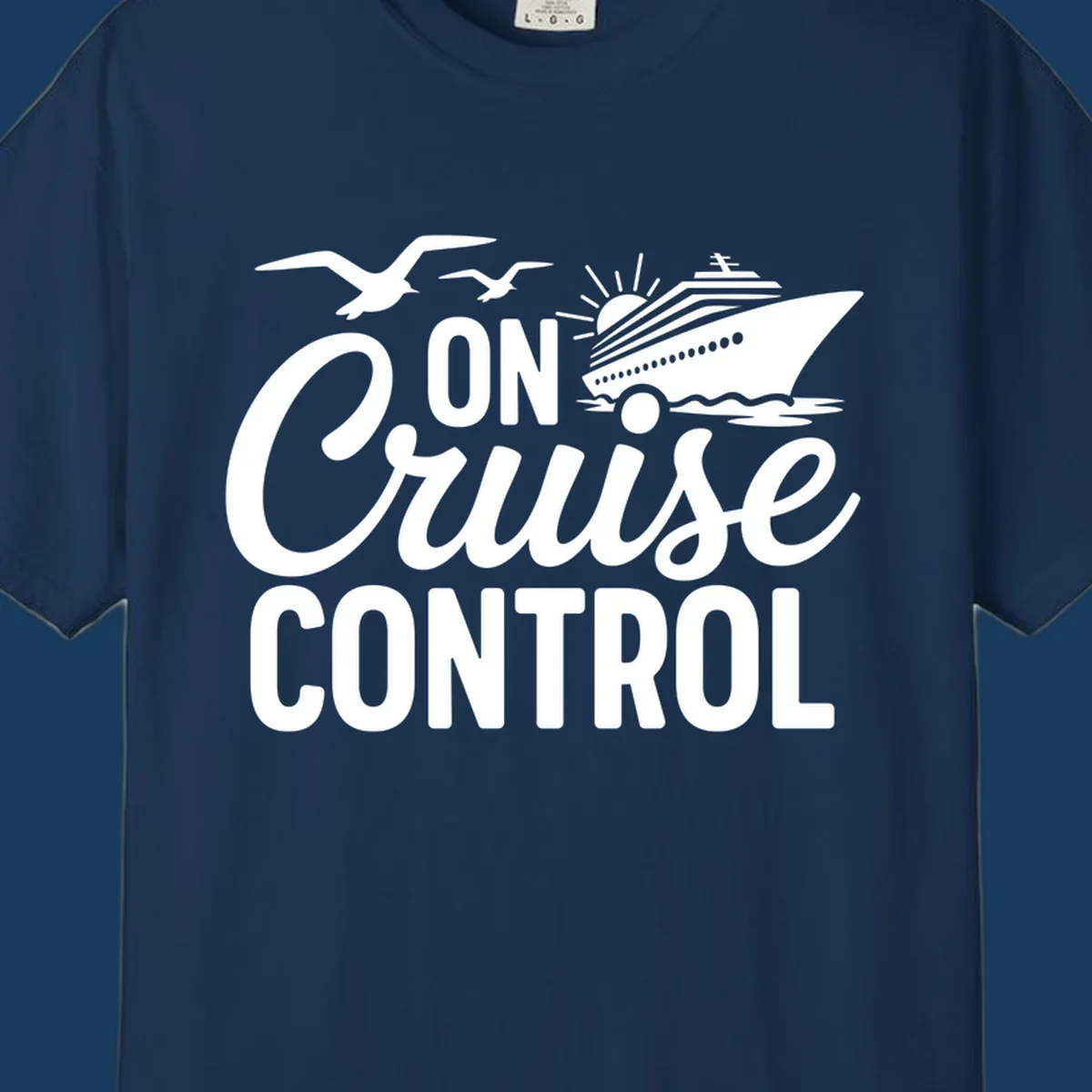 White text and illustration of a cruise ship and seagulls with the phrase 'ON Cruise CONTROL'.
