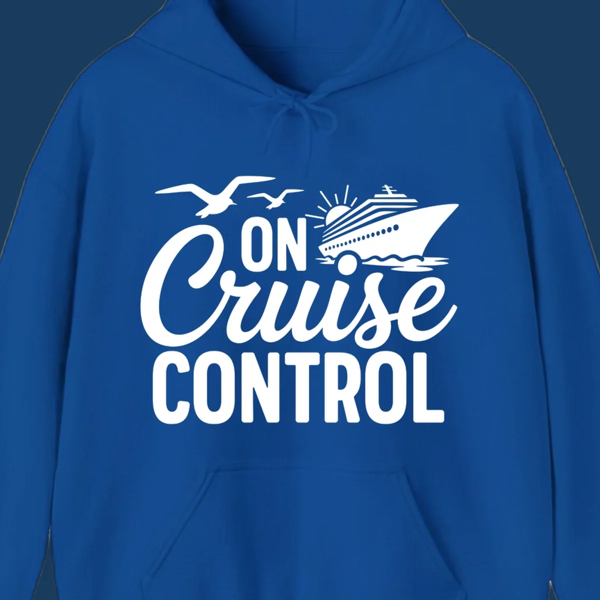 White text and illustration of a cruise ship and seagulls with the phrase 'ON Cruise CONTROL'.