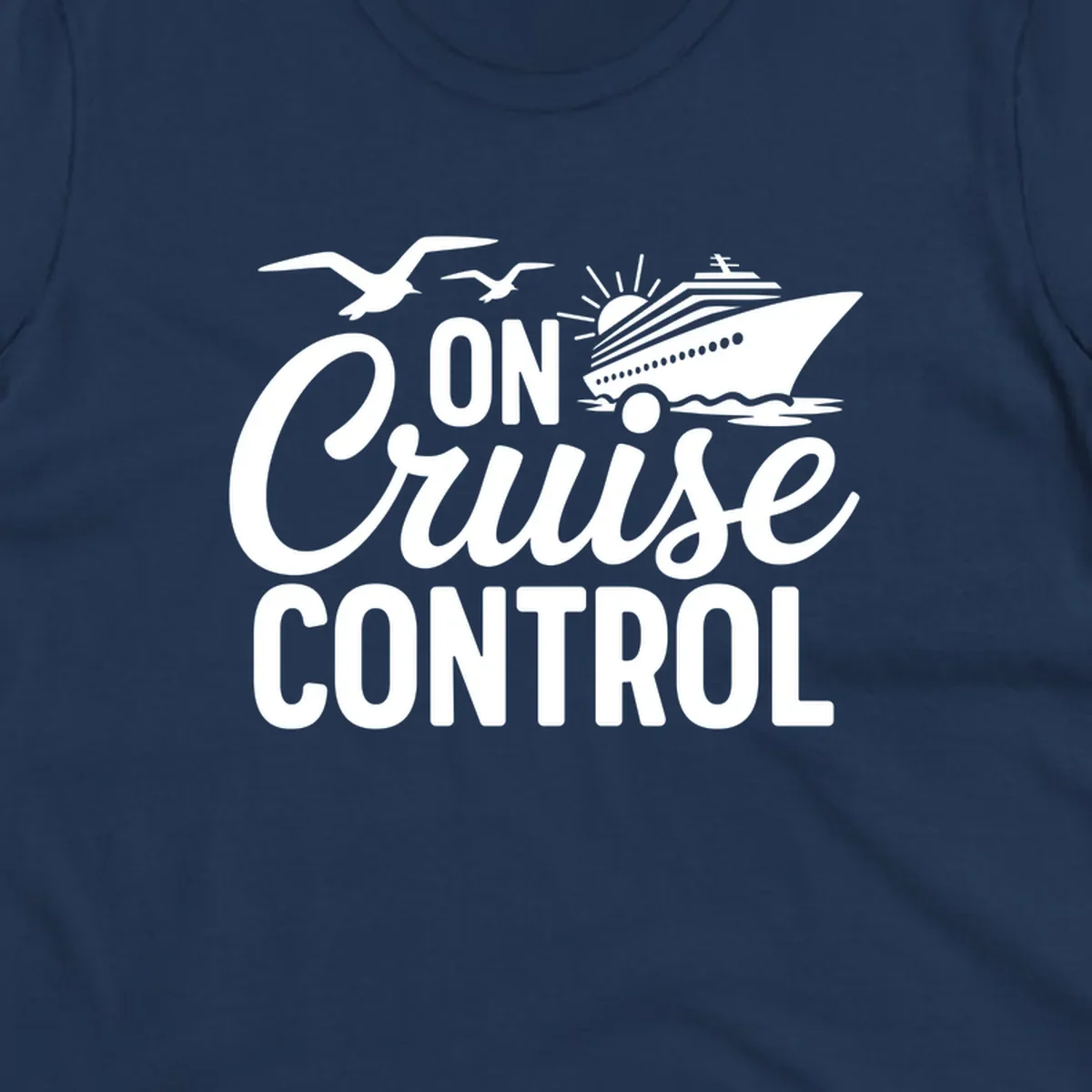 White text and illustration of a cruise ship and seagulls with the phrase 'ON Cruise CONTROL'.