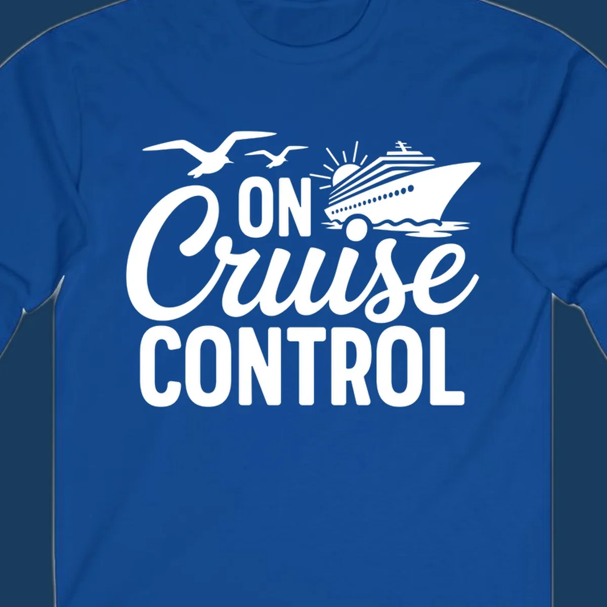 White text and illustration of a cruise ship and seagulls with the phrase 'ON Cruise CONTROL'.