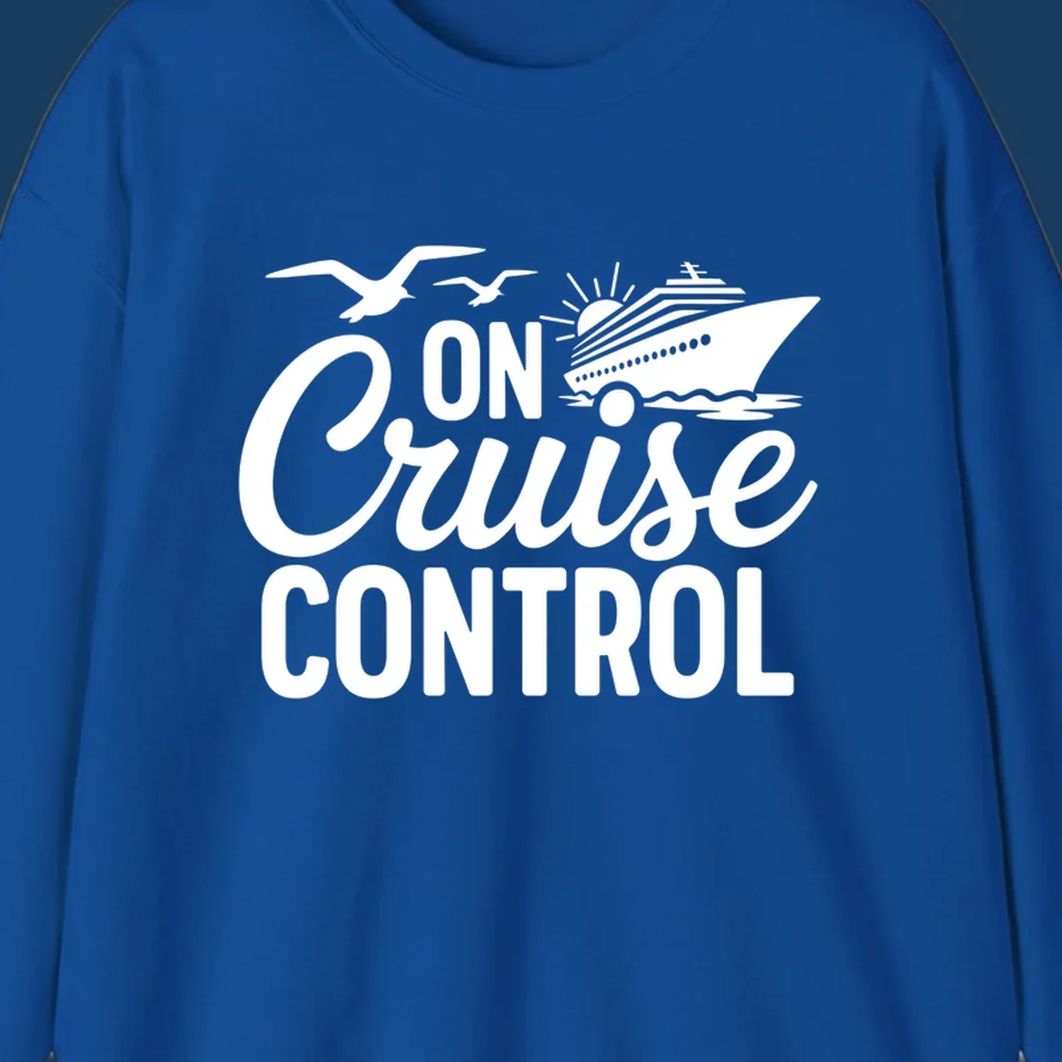 White text and illustration of a cruise ship and seagulls with the phrase 'ON Cruise CONTROL'.