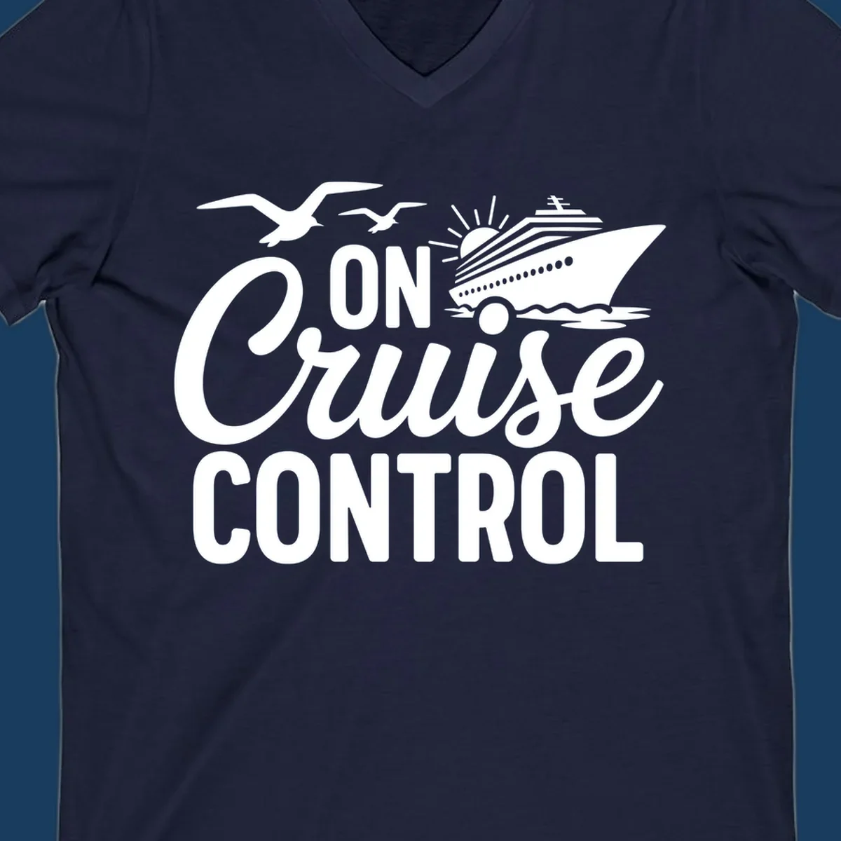 White text and illustration of a cruise ship and seagulls with the phrase 'ON Cruise CONTROL'.