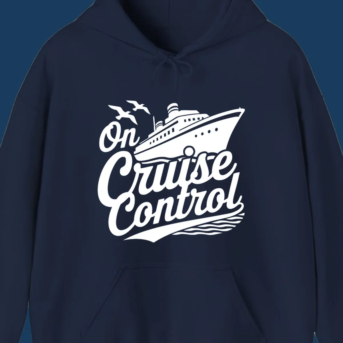 On Cruise Control text with a cruise ship and seagulls, perfect for a funny cruise shirt.
