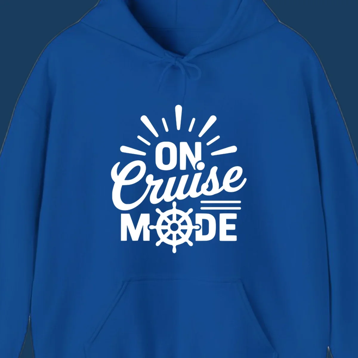 On Cruise Mode text with ship wheel graphic. Funny cruise apparel.