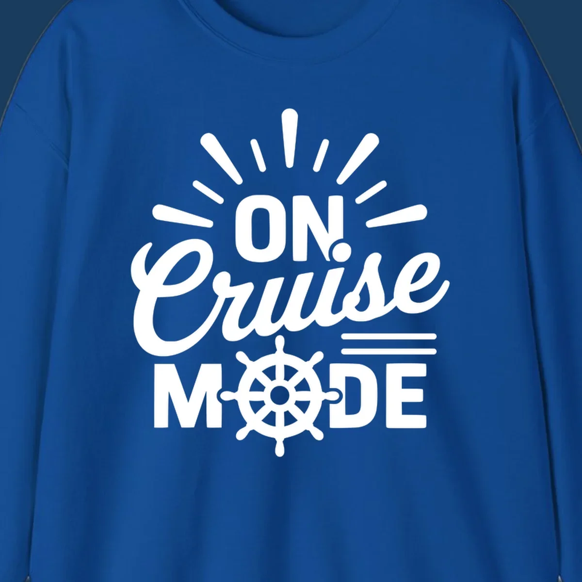 On Cruise Mode text with ship wheel graphic. Funny cruise apparel.