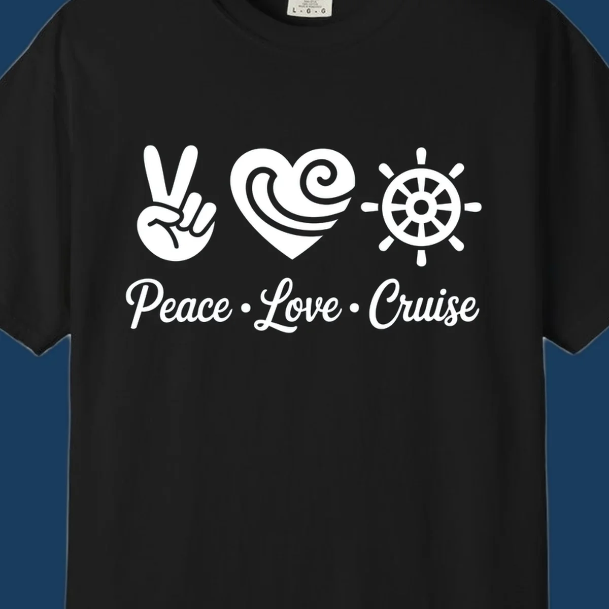 Peace love cruise design with peace sign, heart, and ship's wheel.