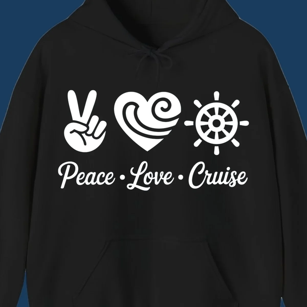 Peace love cruise design with peace sign, heart, and ship's wheel.