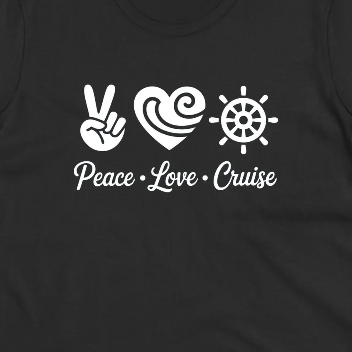 Peace love cruise design with peace sign, heart, and ship's wheel.