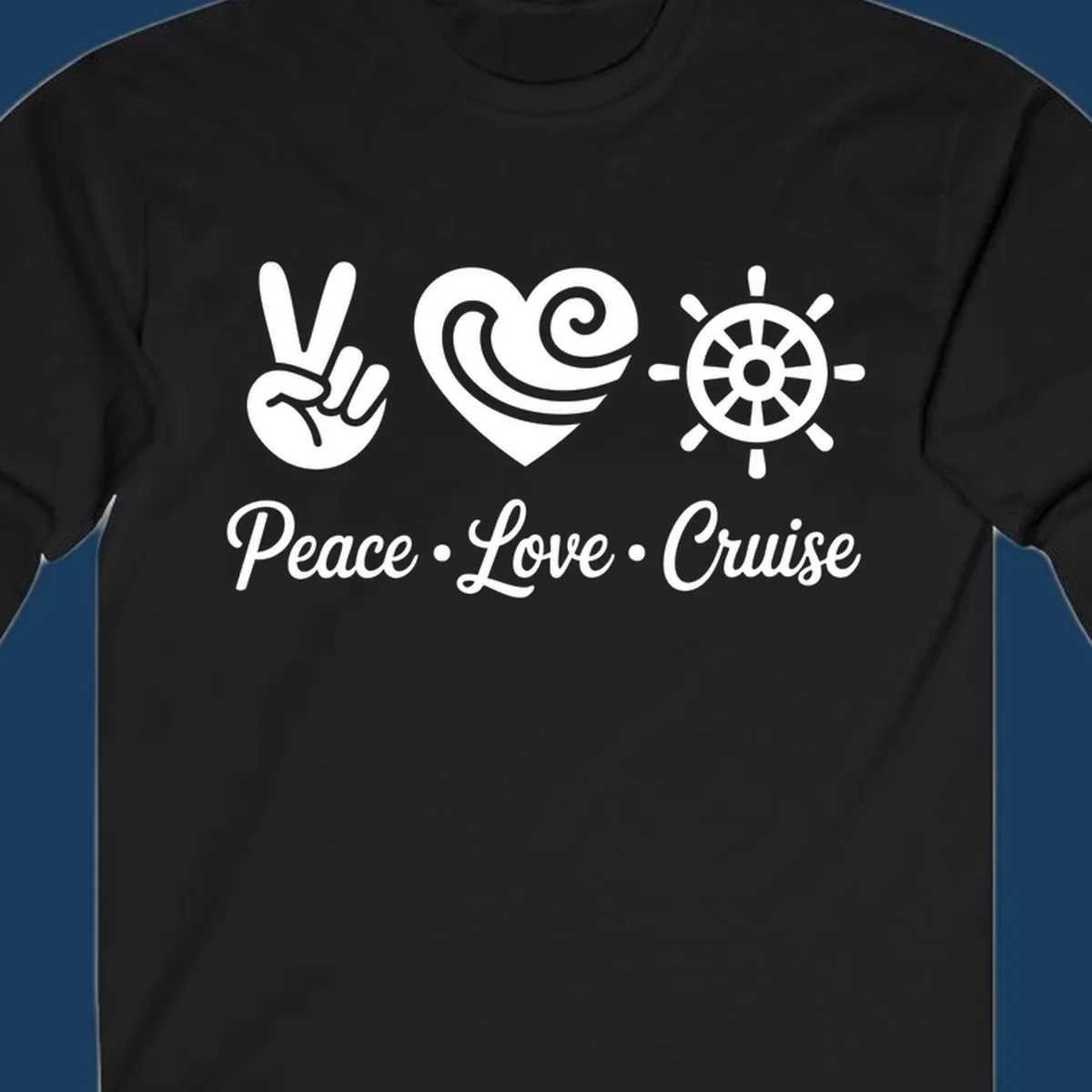 Peace love cruise design with peace sign, heart, and ship's wheel.