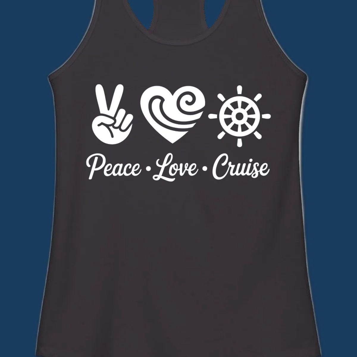 Peace love cruise design with peace sign, heart, and ship's wheel.