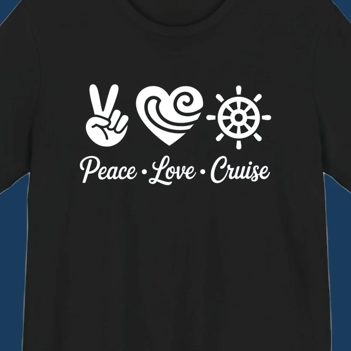 Peace love cruise design with peace sign, heart, and ship's wheel.