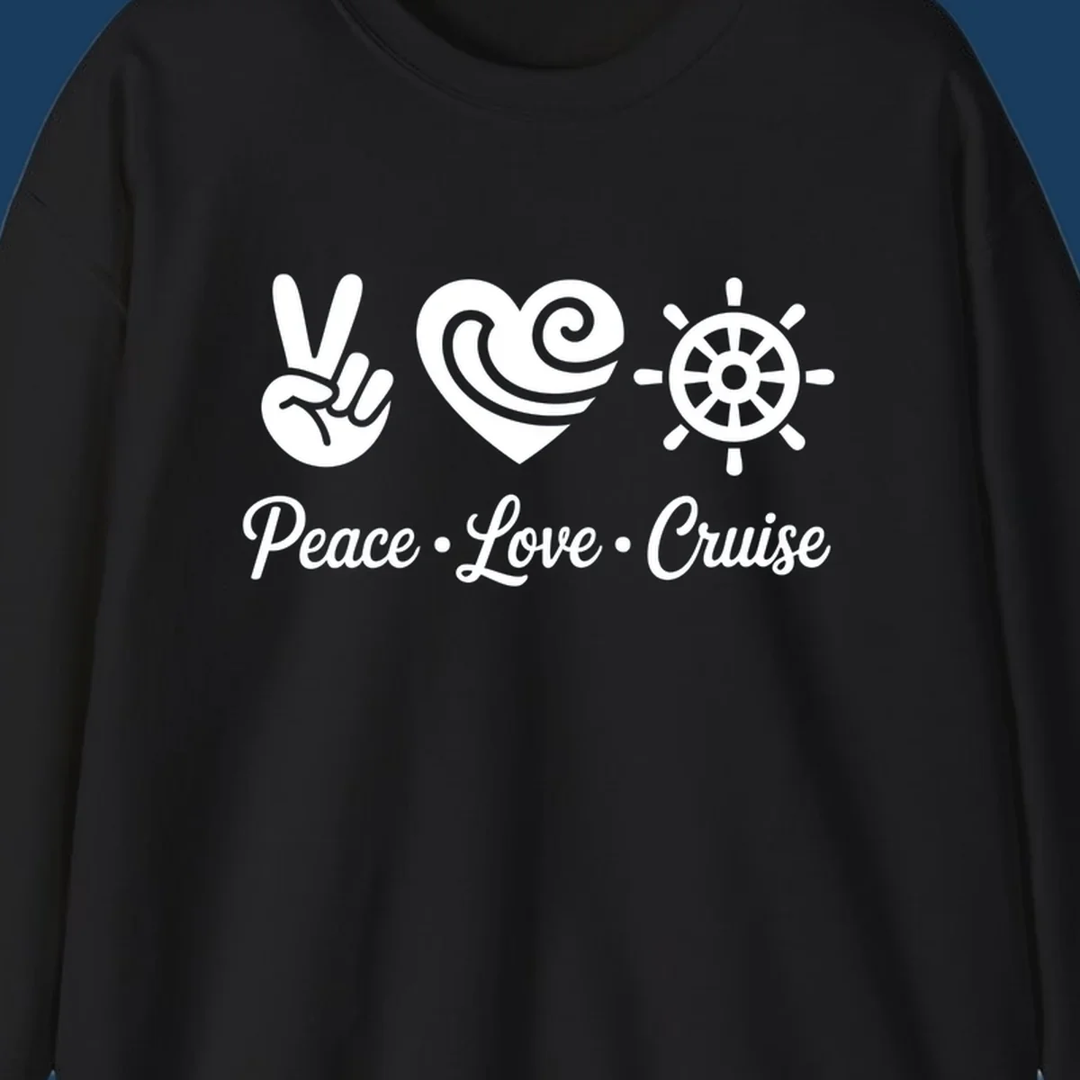 Peace love cruise design with peace sign, heart, and ship's wheel.