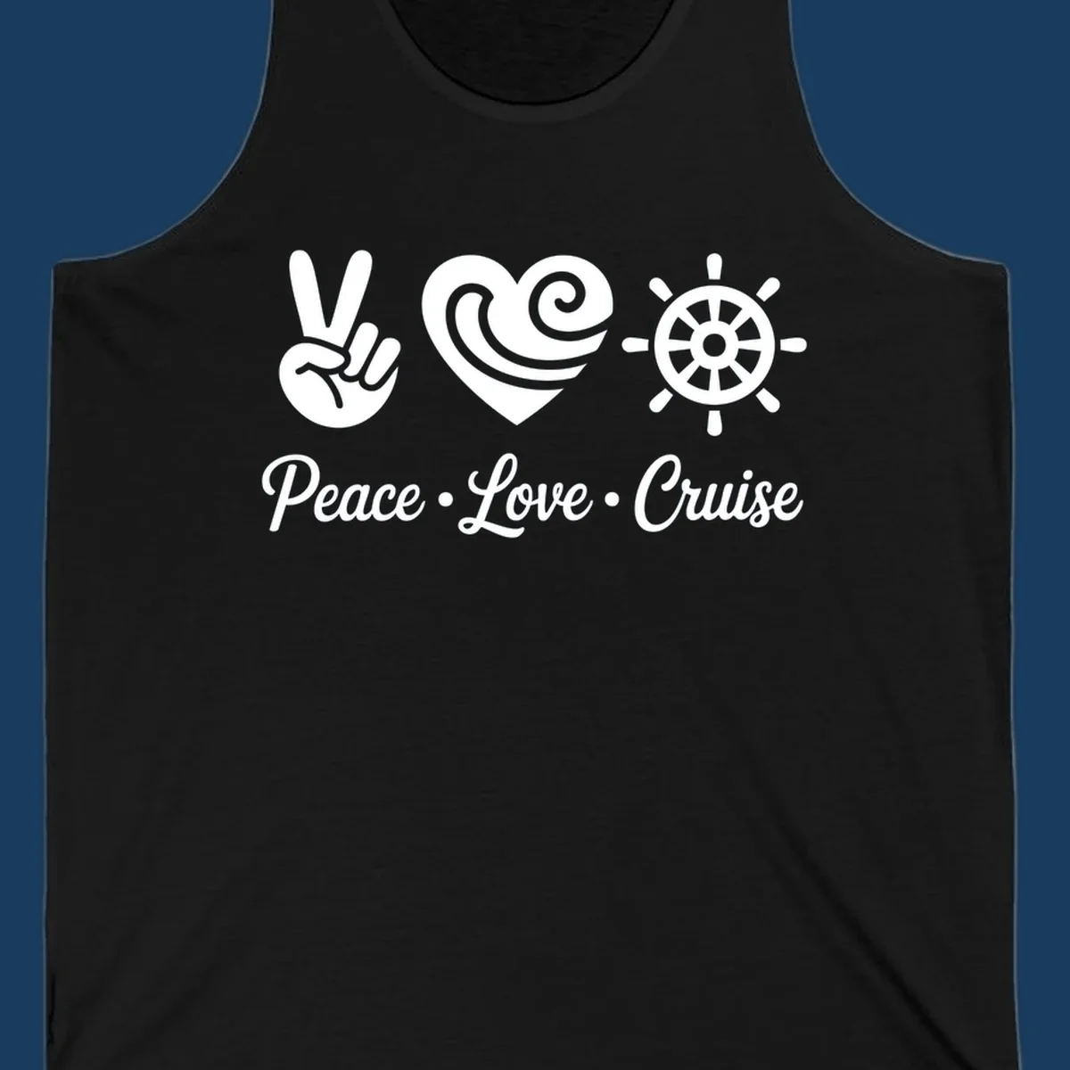 Peace love cruise design with peace sign, heart, and ship's wheel.