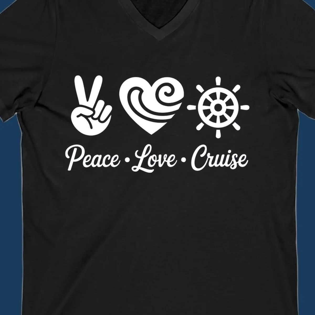 Peace love cruise design with peace sign, heart, and ship's wheel.