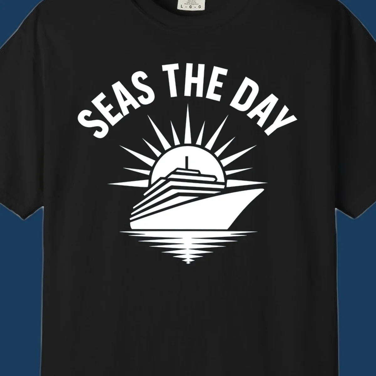 Seas the day cruise ship with sun rays and ocean waves text.