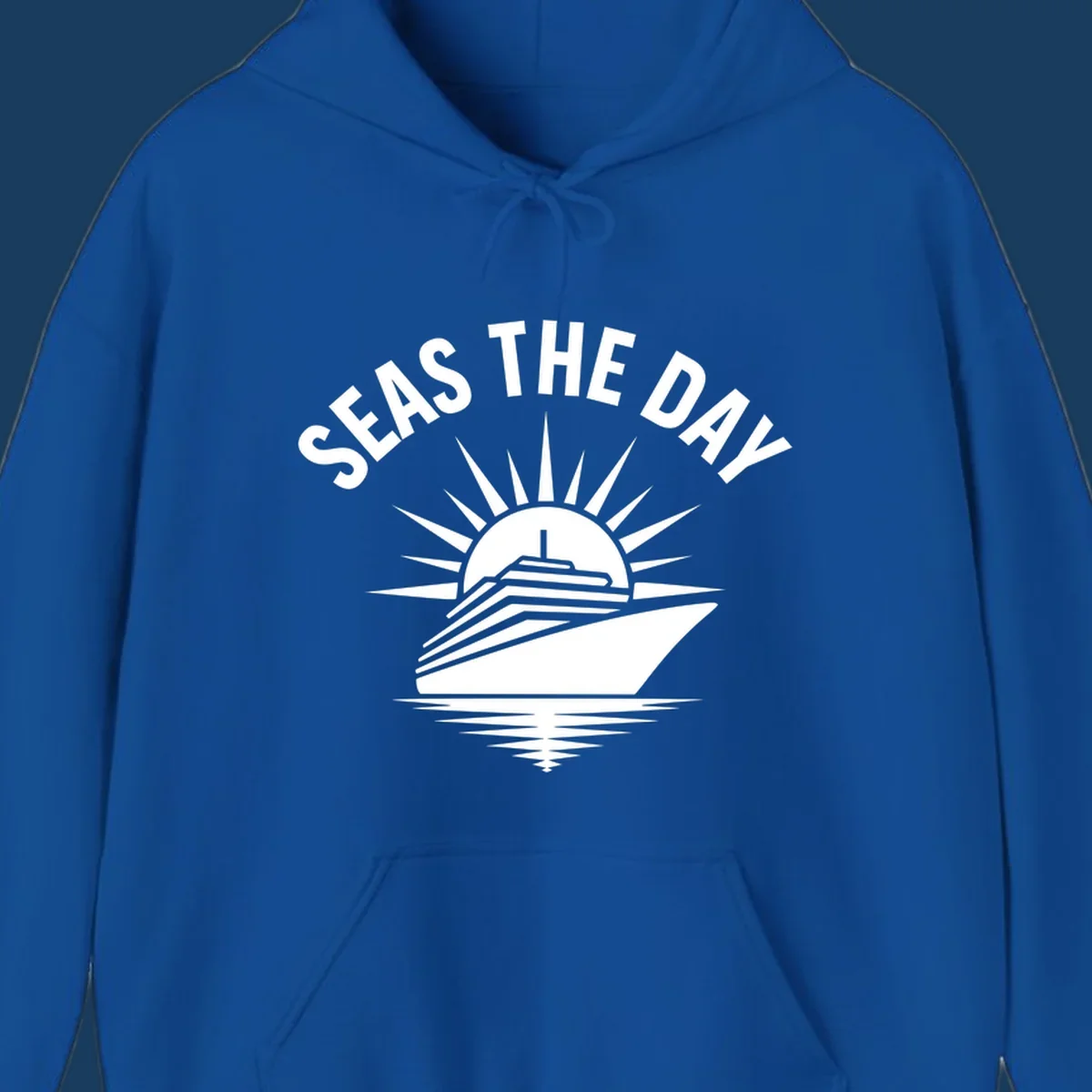 Seas the day cruise ship with sun rays and ocean waves text.