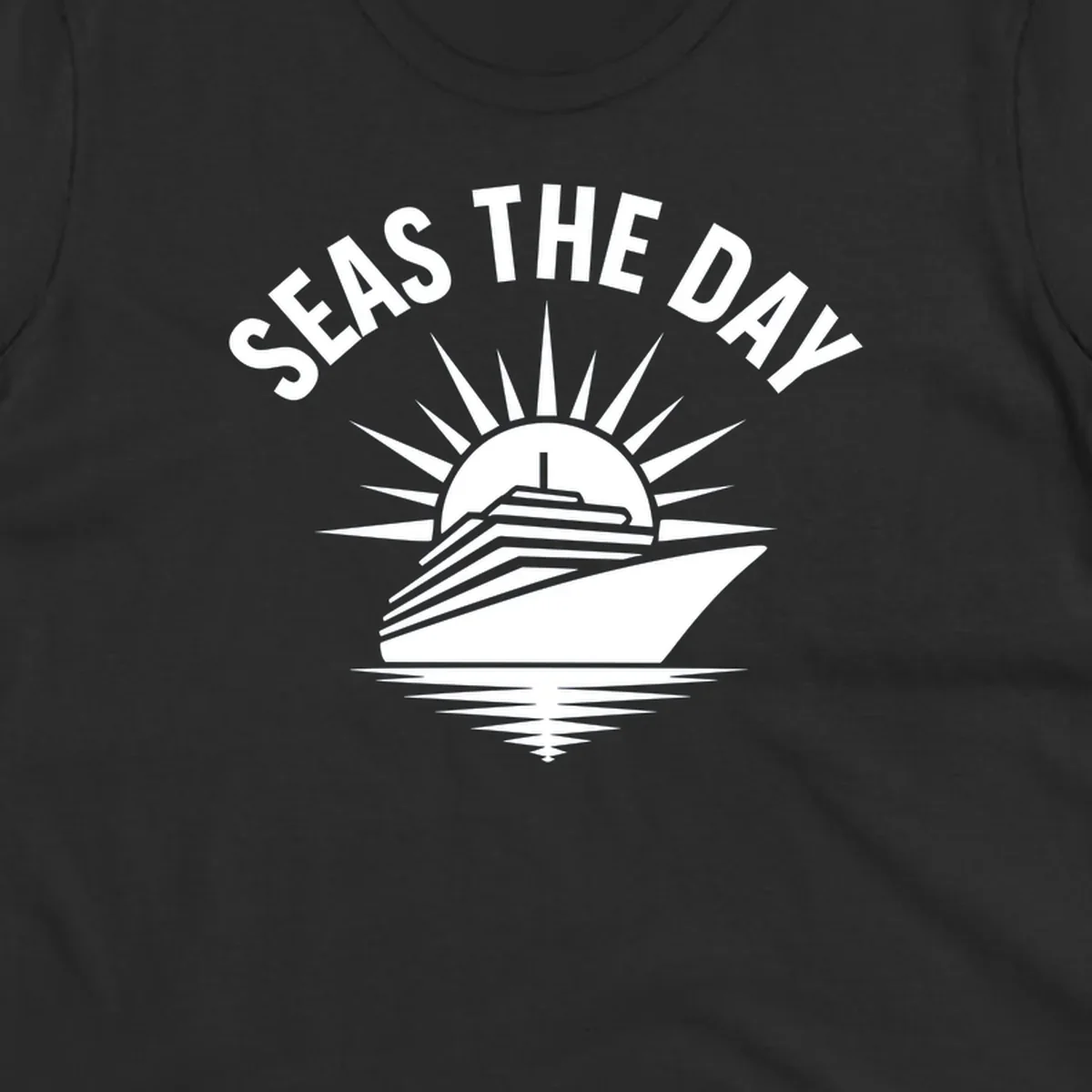 Seas the day cruise ship with sun rays and ocean waves text.