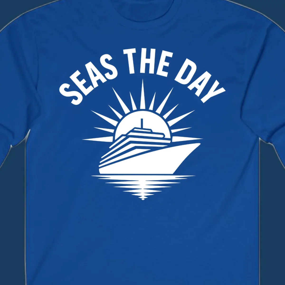 Seas the day cruise ship with sun rays and ocean waves text.
