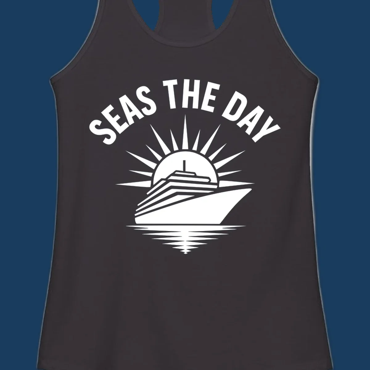 Seas the day cruise ship with sun rays and ocean waves text.