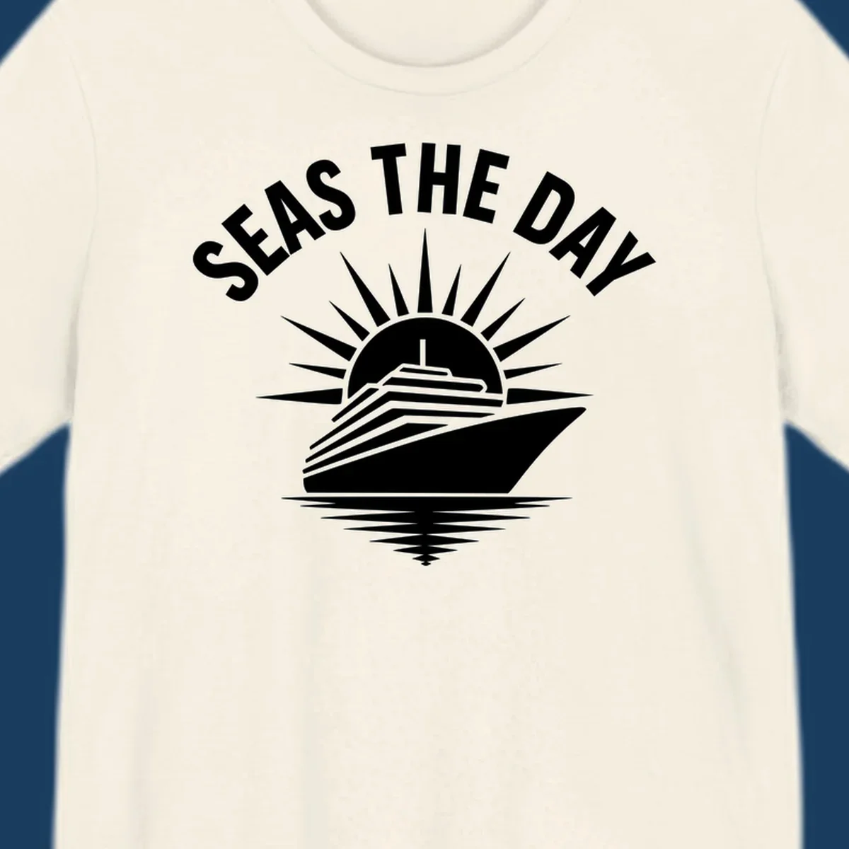 Seas the day cruise ship with sun rays and ocean waves text.