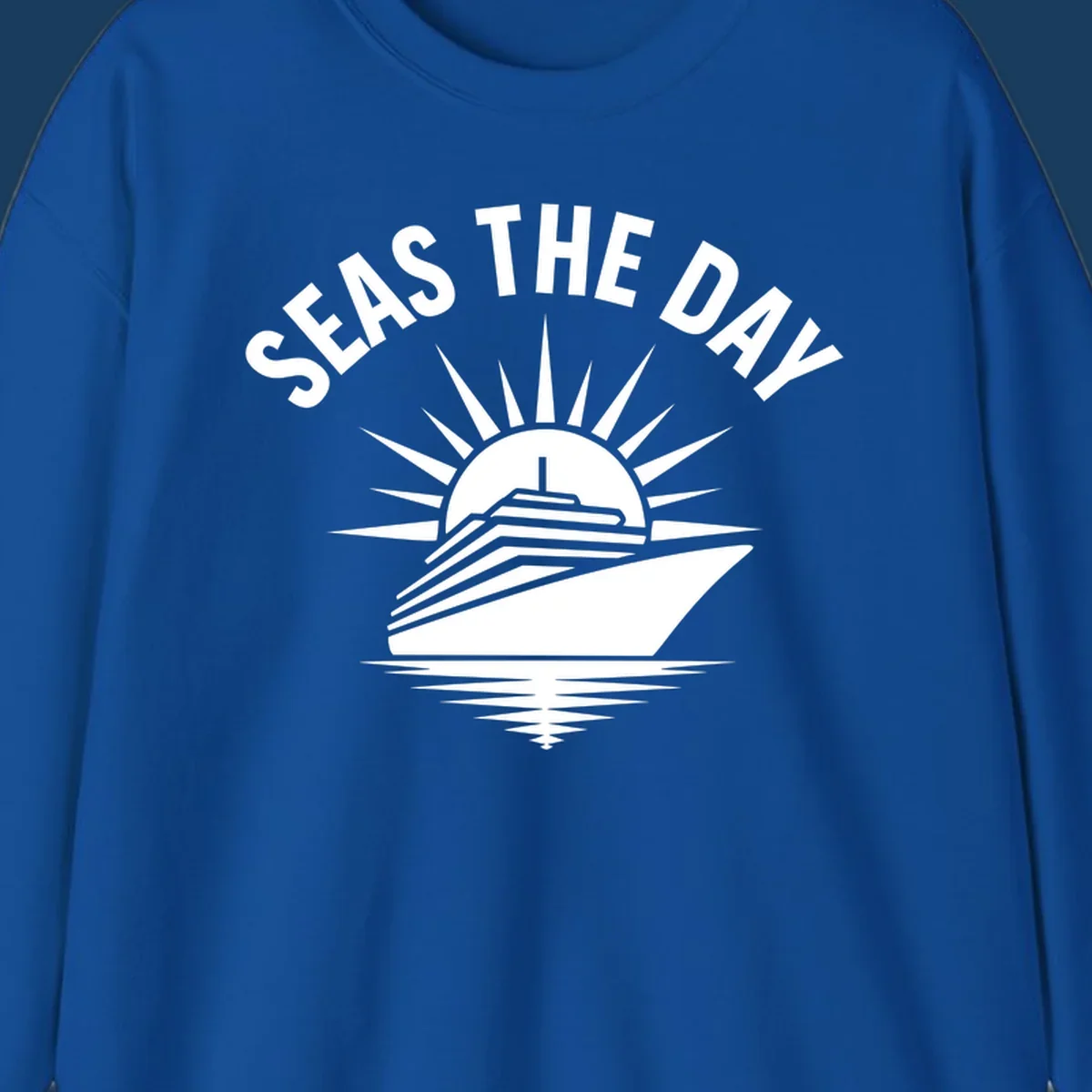 Seas the day cruise ship with sun rays and ocean waves text.