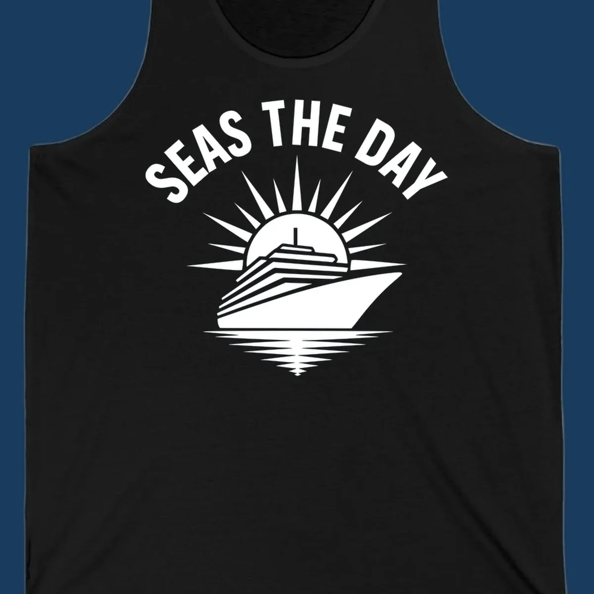 Seas the day cruise ship with sun rays and ocean waves text.