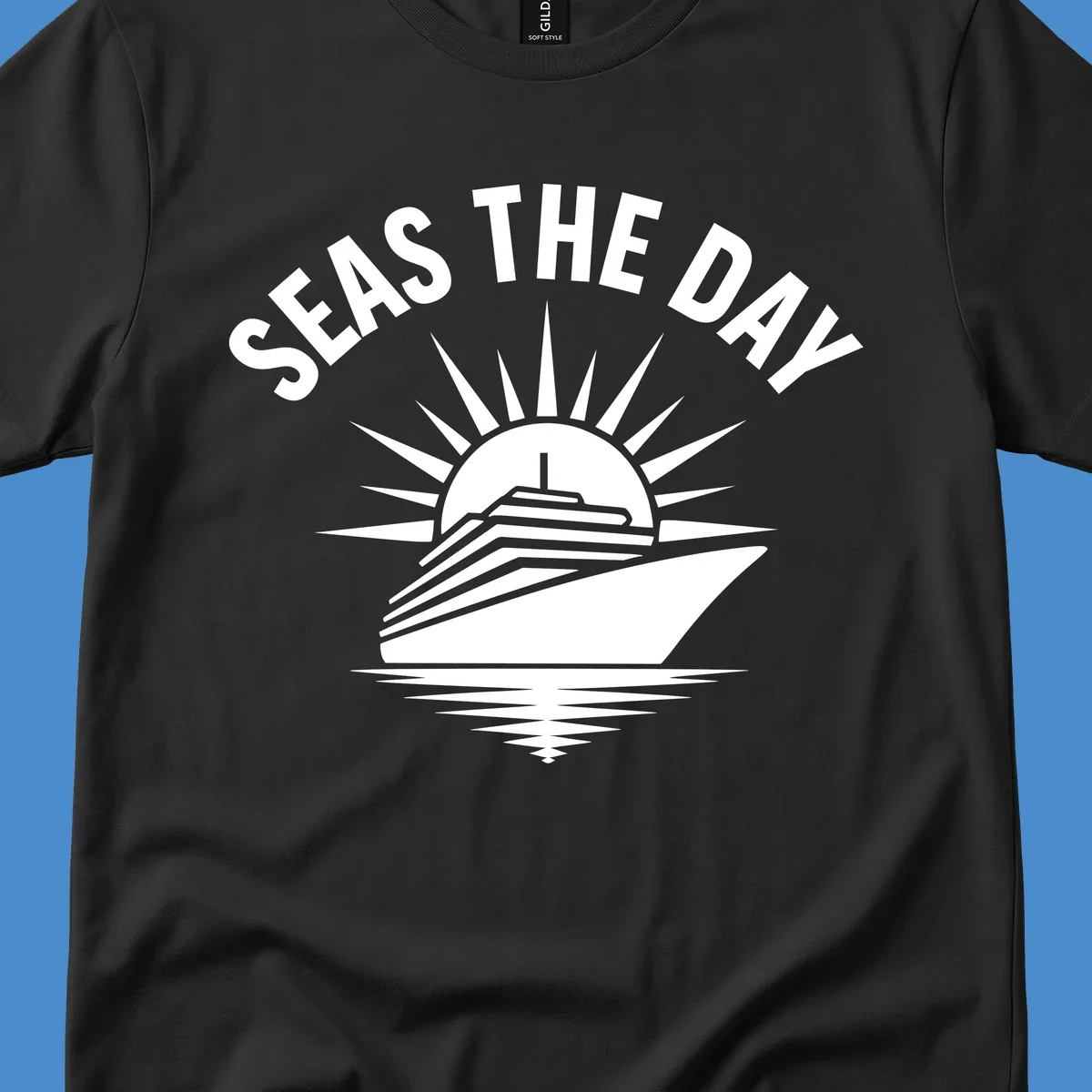 Seas the day cruise ship with sun rays and ocean waves text.