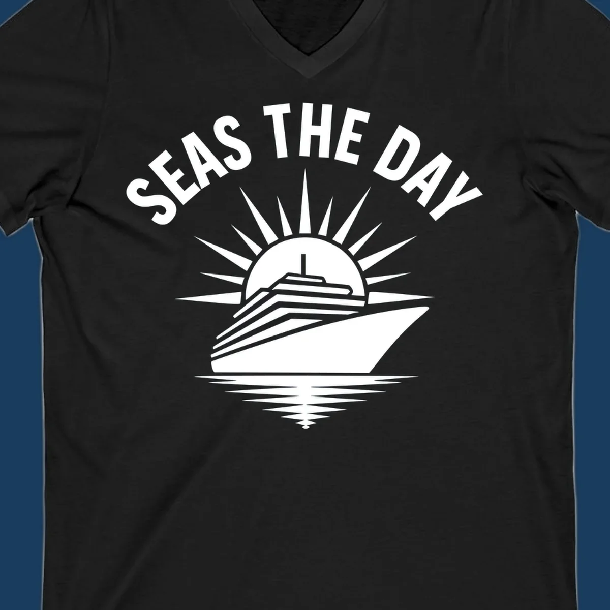 Seas the day cruise ship with sun rays and ocean waves text.