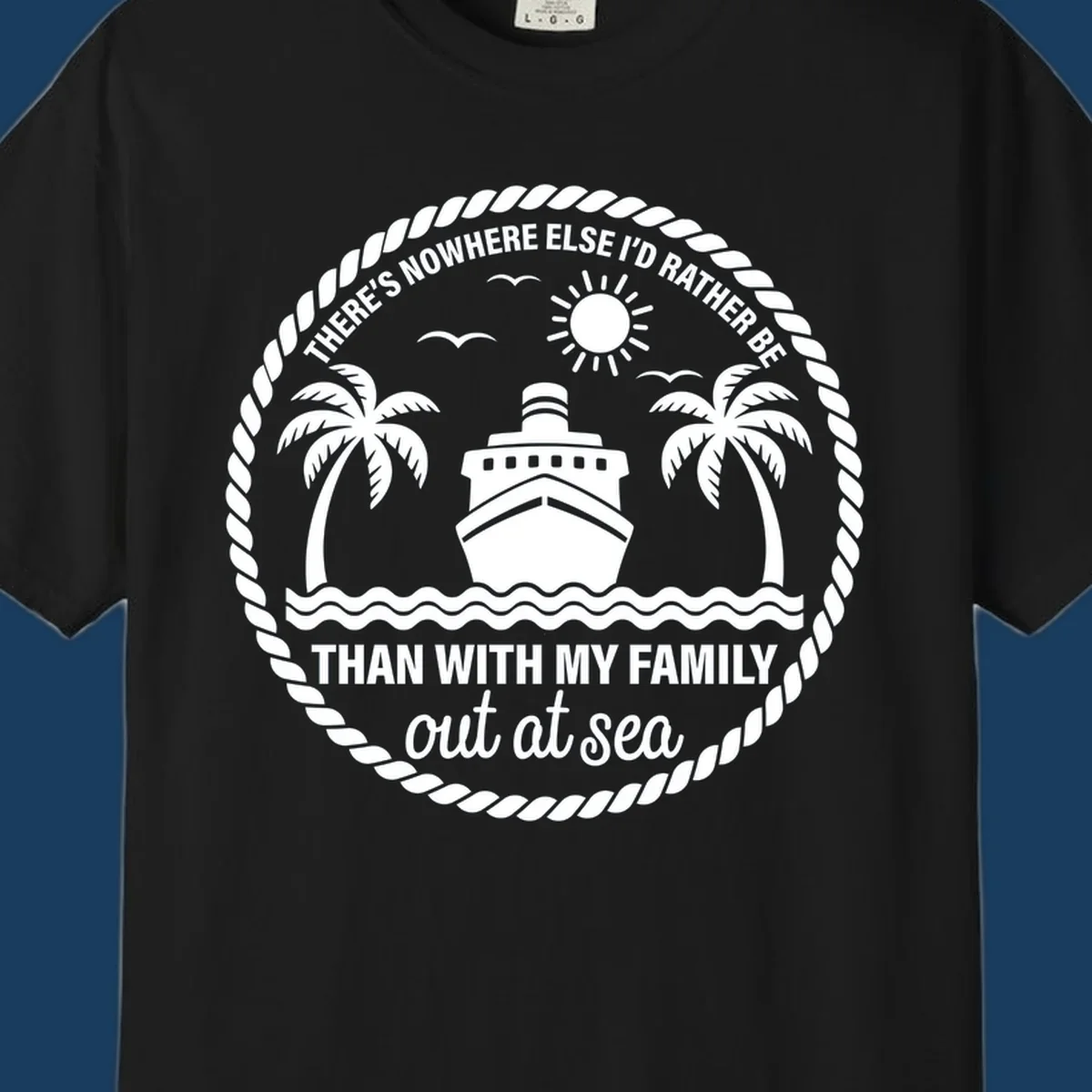 Circular design with cruise ship, palm trees, and text 'Family cruise out at sea'.