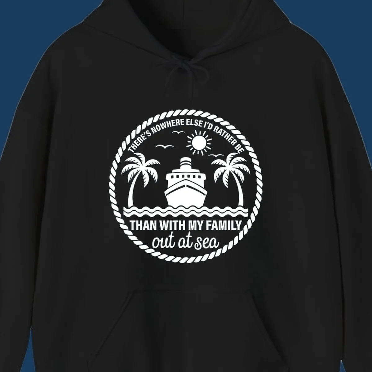 Circular design with cruise ship, palm trees, and text 'Family cruise out at sea'.