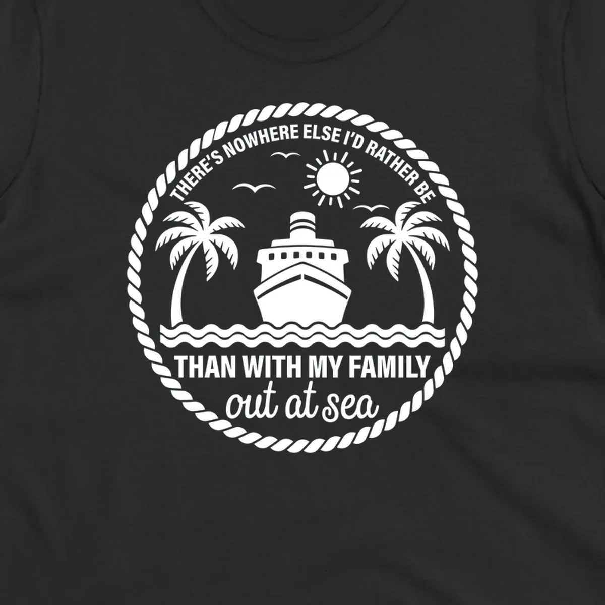 Circular design with cruise ship, palm trees, and text 'Family cruise out at sea'.