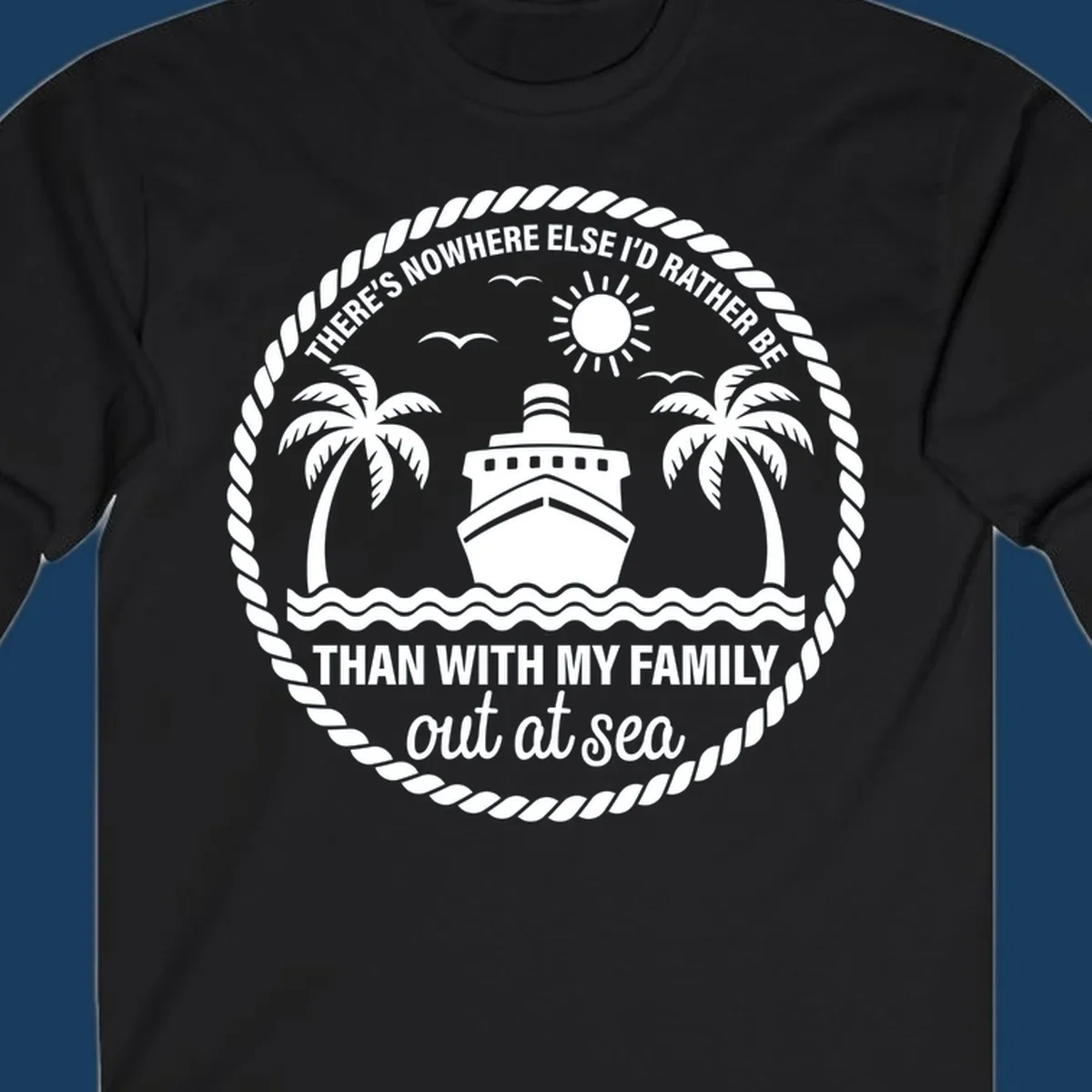 Circular design with cruise ship, palm trees, and text 'Family cruise out at sea'.