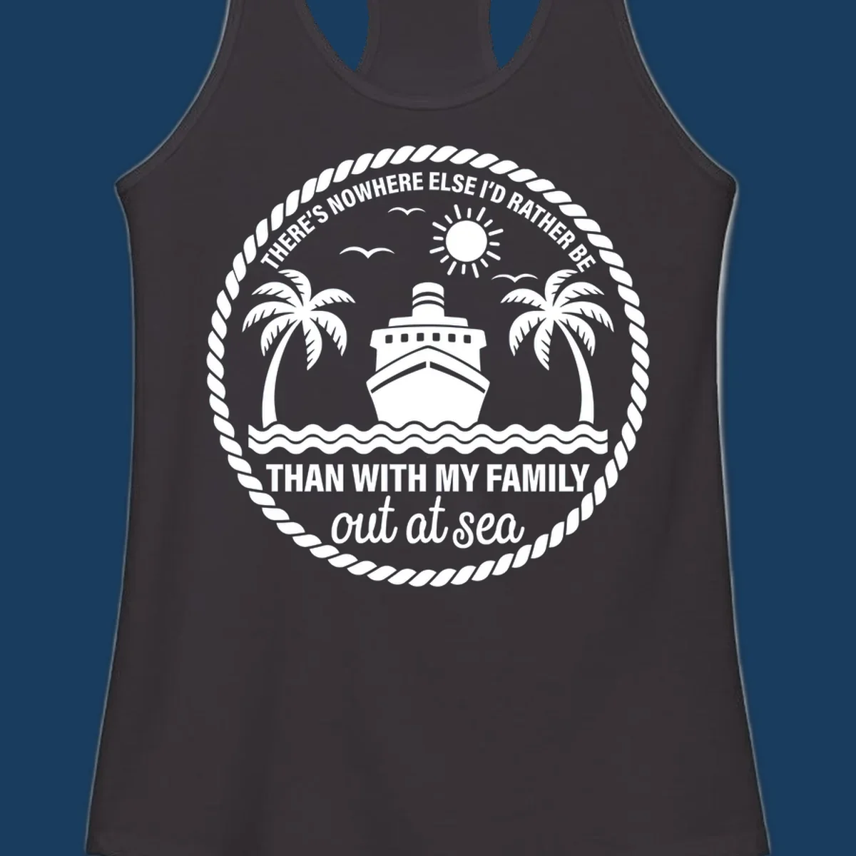 Circular design with cruise ship, palm trees, and text 'Family cruise out at sea'.
