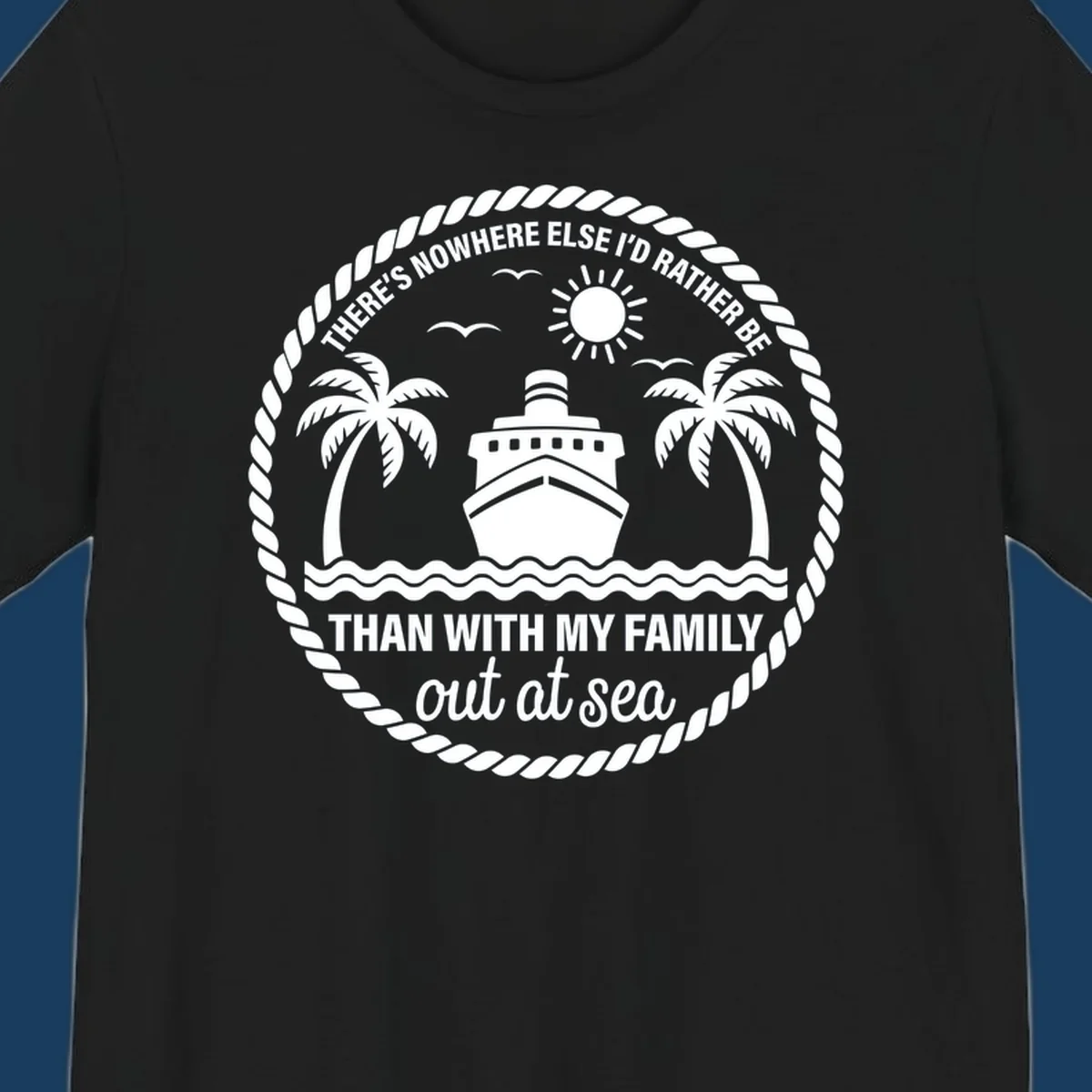 Circular design with cruise ship, palm trees, and text 'Family cruise out at sea'.