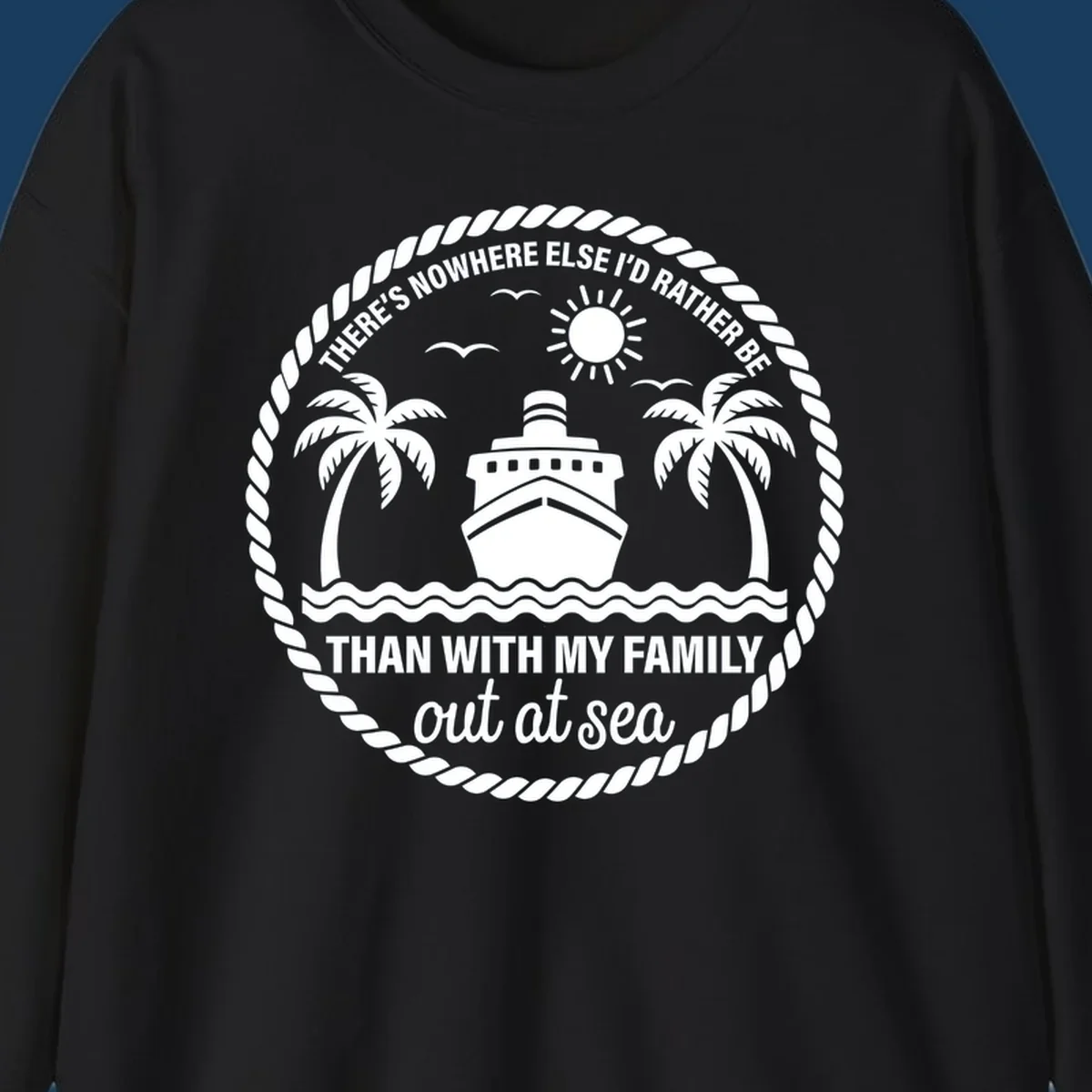 Circular design with cruise ship, palm trees, and text 'Family cruise out at sea'.