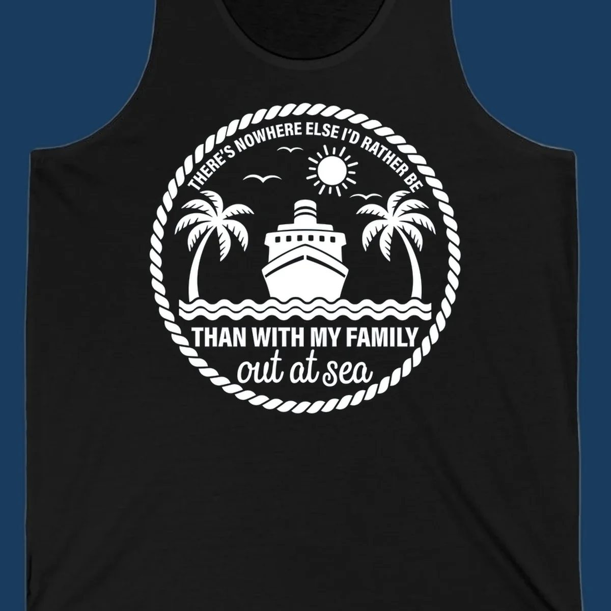 Circular design with cruise ship, palm trees, and text 'Family cruise out at sea'.